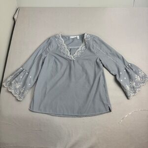 Rafaella Womens Rococo Eyelet Lace Embroidered Bell Sleeve V-Neck Blouse Size M